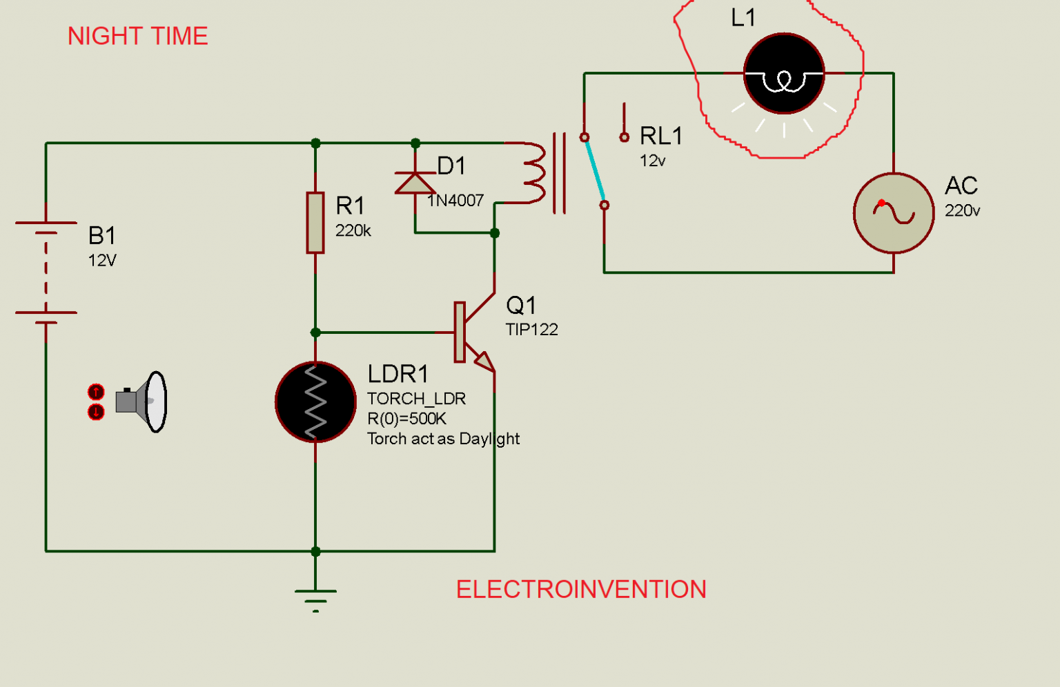 Automatic Night Light circuit using LDR and Relay - Electroinvention